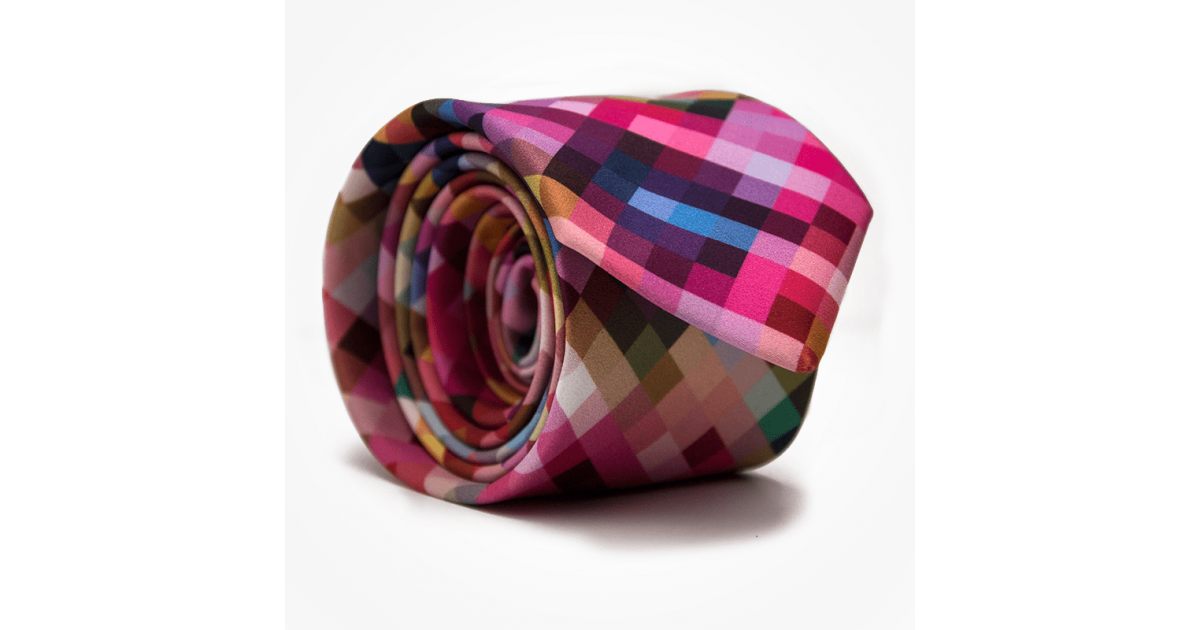 Krawat męski PIXELE Marthu. Krawat satynowy w kratę. Krawat piksele różowy na wesele do garnituru. Modne krawaty 2017 / 2018